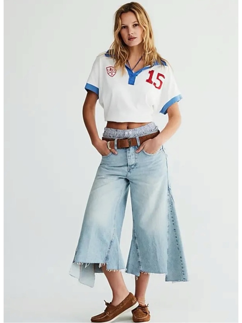 Free People Ripple Wide Leg Crop Jeans Light Wash Size 26 L Culottes Retro 70s